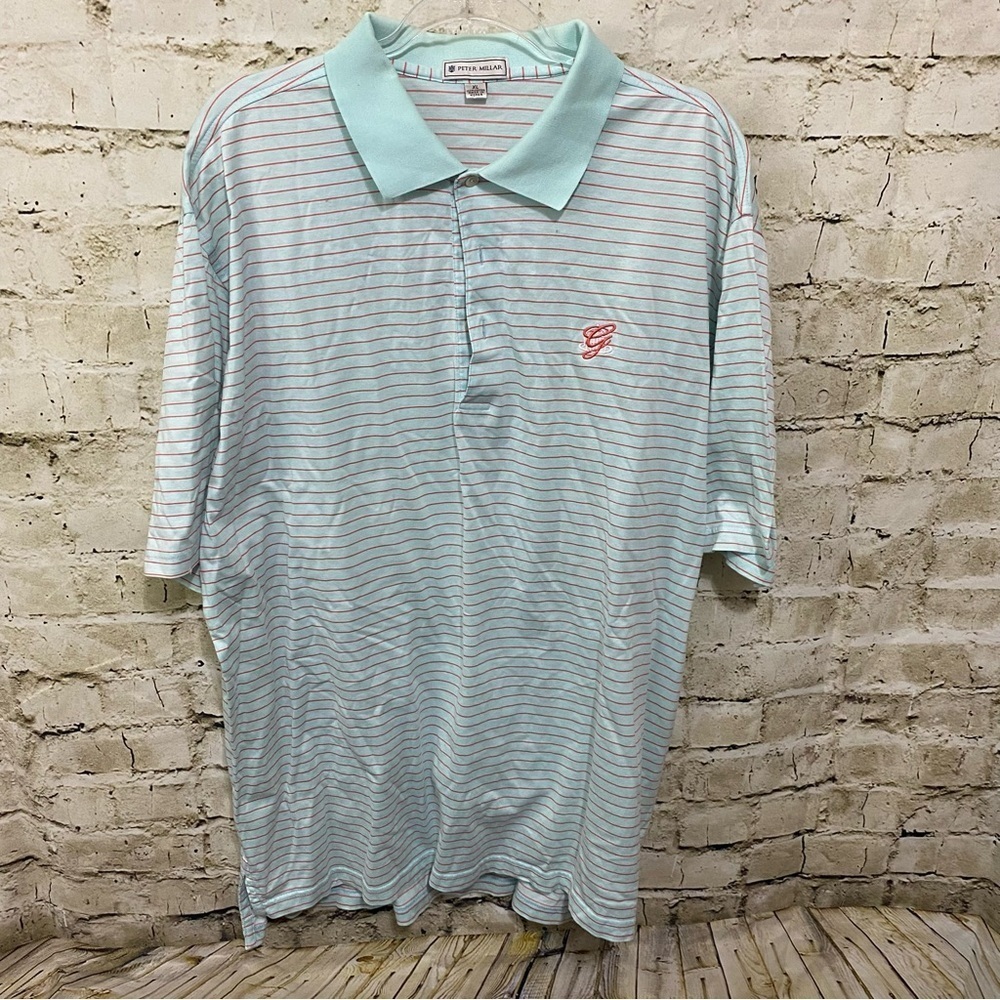 Peter Millar Blue Coral Striped Cotton Short Sleeve Golf Polo Embroidered
